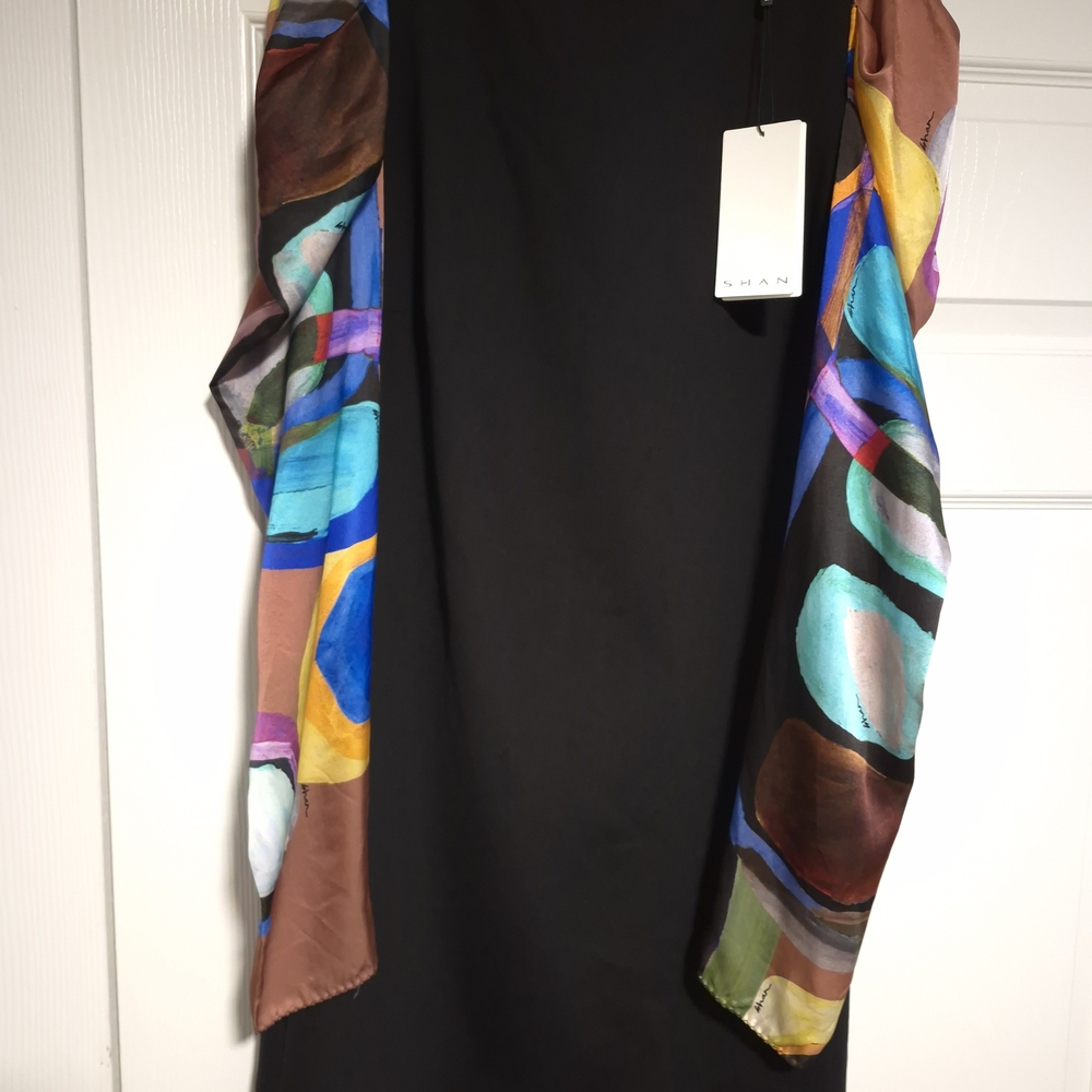 SHAN Elegant Black Dress with Colorful Silk long Sleeve Accent NWT